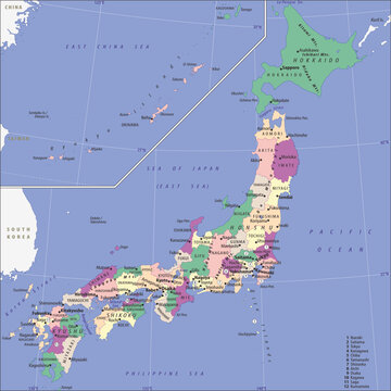 Vector political, physical, geographical world map. Eastern asia with regions of japan - hokkaido, honshu, tokyo, fukushima, osaka, kyoto,
shikoku, kitakyushu, hiroshima, fukuoka, okinawa,
nagano.