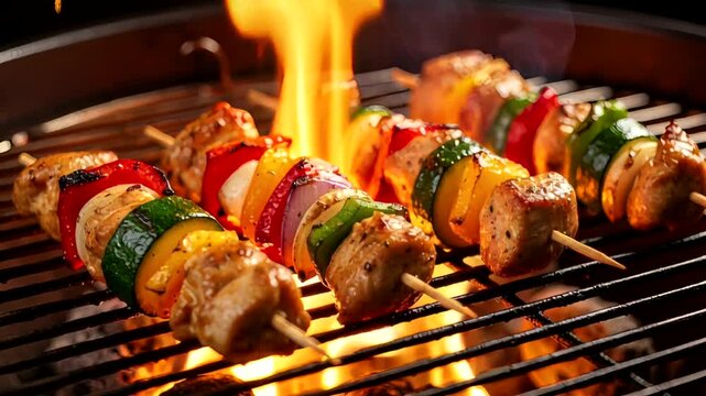 Grilled skewers of colorful vegetables and chicken over an open flame