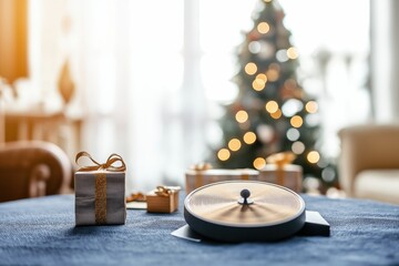 A spinning wheel showcases various gifts and discount coupons, enhancing the festive atmosphere in a warmly lit room adorned with a Christmas tree