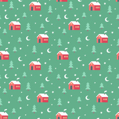 Vintage winter seamless pattern with cute houses stars trees and snowflakes. Cute Christmas design, Scandinavian style background. Vector illustration	