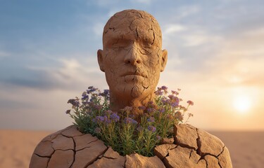 Mental health stigma breaking hope with a clay statue growing flowers in a desert at sunset