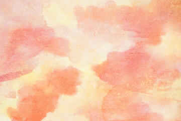 Yellow gold orange red coral peach pink lilac purple white abstract watercolor water. Art background. Pastel soft light pale shade. Colorful multicolor spot splash. Sunset sky cloud sun sunny. Design.