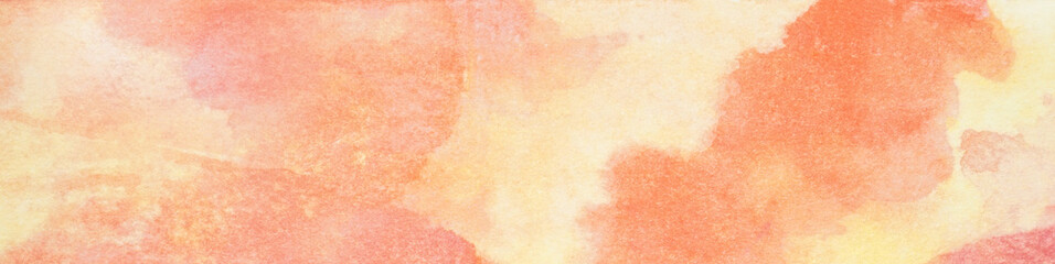 Yellow gold orange red coral peach pink lilac purple white abstract watercolor water. Art background. Pastel soft light pale shade. Colorful spot splash.Sunset sky cloud sun sunny. Design.Wide banner 