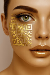 Modern female portrait with golden pixel or QR-style design on face. Stylish blend of digital aesthetics, futuristic fashion and tech identity. Ideal for creative and graphic use.