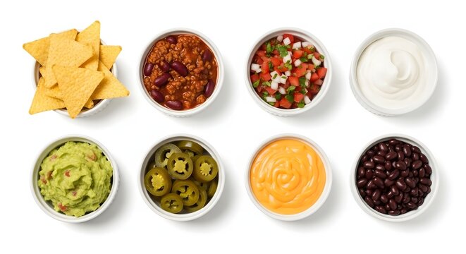 Aerial view of various dips and toppings arranged in bowls on a white surface in studio light - Powered by Adobe