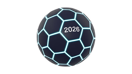 Fototapeta premium Futuristic soccer ball design with glowing lines and the year 2026 prominently displayed.