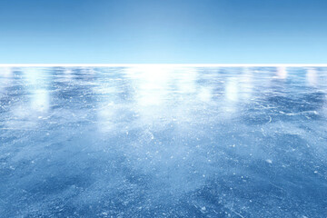 Ice rink scratched surface with realistic texture. Empty light blue background, horizontal hd banner. Vector template for hockey, figure skating or curling illustration, winter sport design, print.