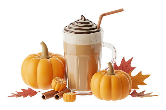 A creamy beverage with autumnal spices, surrounded by pumpkins and fallen leaves.