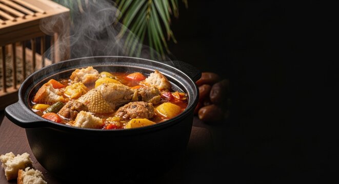 Hearty Bahraini Margoog Bil Dajaj in Black Pot &ndash; Hand-Torn Bread in Chicken & Vegetable Stew, Chicken Coop Fragment & Date Palm Backdrop | Warm Home Food Photography