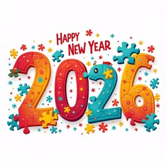 Fototapeta premium digital greeting card new year 2016 has white background text happy new year written red capital letters top below text two numbers one red blue colorful puzzle pieces numbers arranged way form shape