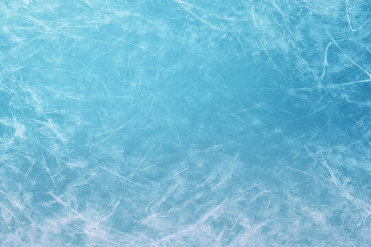 Ice rink scratched surface with realistic texture. Empty light blue background, horizontal hd banner. Vector template for hockey, figure skating or curling illustration, winter sport design, print.