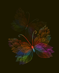 Fototapeta premium Rainbow Abstract Butterfly from leaves. hand drawn. Not AI, Vector illustration
