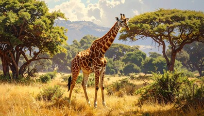a giraffe with its long neck is in the grassland