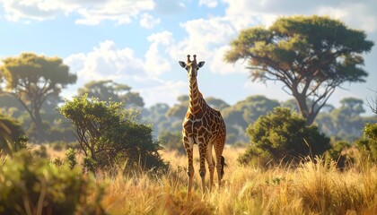 a giraffe with its long neck is in the grassland