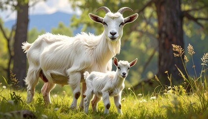 Goats and their children are looking for food in the grassland