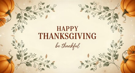 A warm Thanksgiving greeting card featuring autumn pumpkins and leafy vines, wishing happiness and gratitude.
