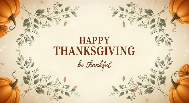 A warm Thanksgiving greeting card featuring autumn pumpkins and leafy vines, wishing happiness and gratitude.