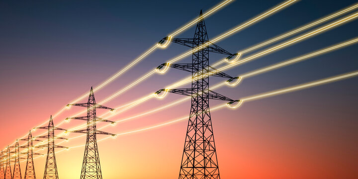 Electricity transmission towers with glowing wires against sunset sky - Energy concept - 3D illustration
