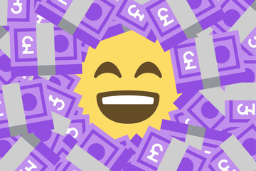 Happy smiling emoji surrounded by stacks of purple pound banknotes, representing joy, wealth, prosperity, financial success, and the cheerful feeling of abundance and economic achievement.