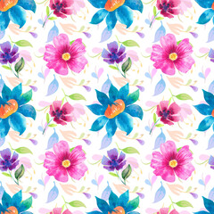 Hand-painted watercolor floral seamless pattern with pink and blue flowers on a white background. Elegant botanical design suitable for fabric print, wrapping paper and modern decorative projects