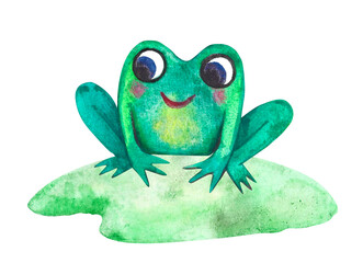 Watercolor illustration of a cute smiling frog sitting on the lawn. Hand-painted whimsical art isolated on a transparent background. For children’s designs, nursery decor and nature-themed projects