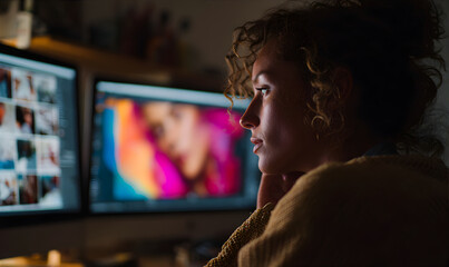 Woman at night intently working on multiple computer screens, reviewing content. Professional concentrating on creative tasks in a dark room.