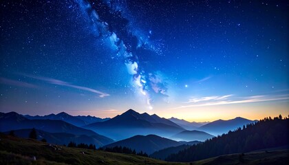 夜空 星空 天の川 銀河 山脈 稜線 星 輝き 青 ダークブルー 壮大 神秘的 幻想的 アウトドア ハイキング 自然 静寂 広大 宇宙 旅