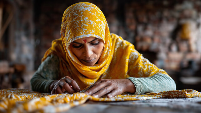 Craftswoman block-printing fabric in Rajasthan workshop, indigo vat nearby, India, handloom, block print, craft, textile, artisan, tradition, design, slow made, with copy space