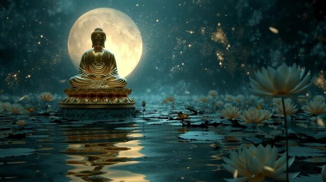 Golden Buddha statue meditating peacefully under a full moon in a serene lotus pond, radiating tranquility and spiritual awakening, perfect for meditation visuals