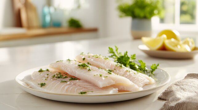 Boneless swai fillets arranged elegantly on a pristine white plate, showcasing their delicate texture and fresh appearance.