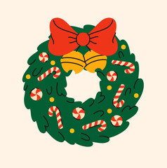 Christmas wreath with a bow and candies. Flat vector illustration.