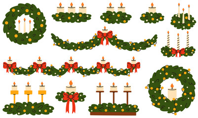 Set of candles with Christmas tree branches. Flat vector illustration.