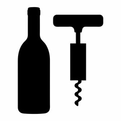 Elegant Silhouette of Wine Bottle and Corkscrew Ready for Opening and Serving