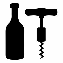 Simple black silhouette of a wine bottle with a corkscrew beside it