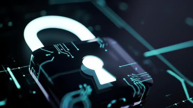Animated Digital Padlock: Glowing circuits signify cybersecurity, ensuring data protection and privacy within a secure digital network, no people.