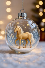 An elegant miniature horse inside a glass Christmas ornament. Surrounded by frost, stars, and a horseshoe — a symbol of luck and the year 2026.
