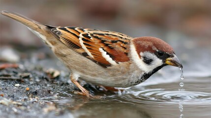 Sparrow bird drinking water in nature, close up of a tiny droplet falling from its beak, wildlife thirst concept