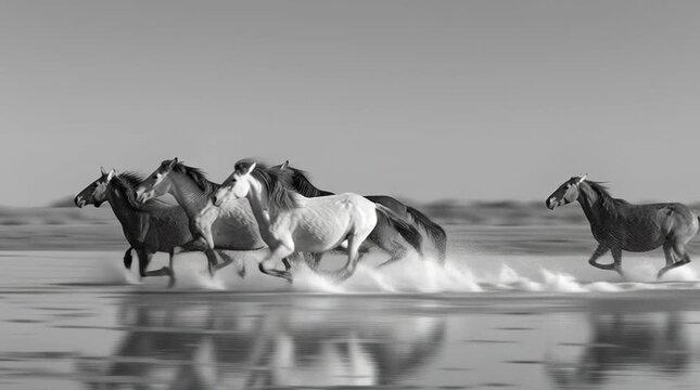 Monochrome wide shot of wild horses running through shallow water, with intentional motion blur capturing speed, freedom, and raw natural energy in a dramatic scene.
