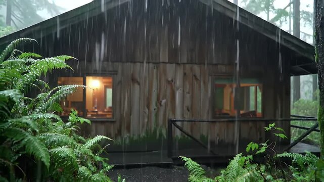 Cinematic rain falling on rustic wooden cabin in lush temperate forest with warm inviting light
