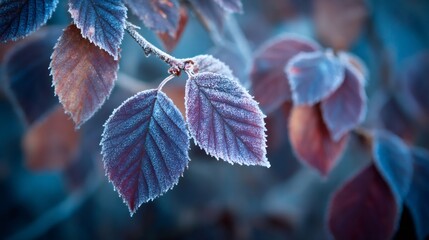 Winter frost covering tree leaves on a cold morning, creating a beautiful natural texture and icy pattern
