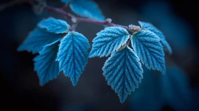 Frozen plant branch with blue forest leaves covered in white hoarfrost, showing winter cold season details
