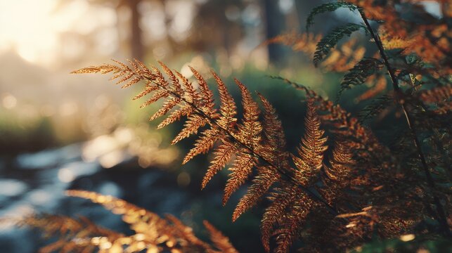 Golden autumn fern frond catching morning sun in a forested natural environment, showing seasonal change