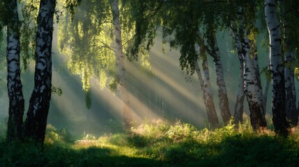 Obraz premium Forest with birch trees showing sunbeams filtering through dense foliage, creating a serene, peaceful, and tranquil morning scene
