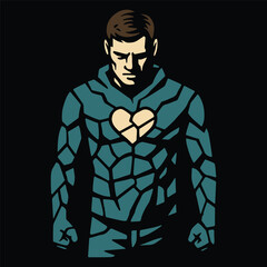 Cracked Armor Male Silhouette with Glowing Heart in Urban Mental Health Vector Style