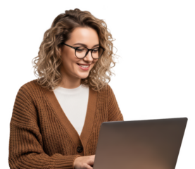 A smiling woman with curly hair wearing glasses and a brown cardigan, against transparent background