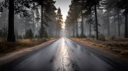 Fototapeta premium Wet road extending through a misty pine forest during sunrise, creating a serene and atmospheric journey concept