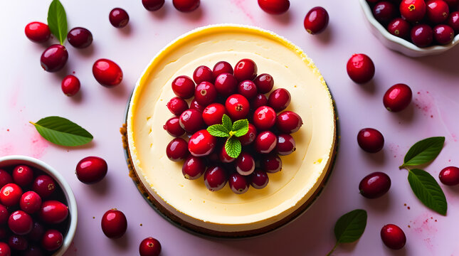 Delicious Cheesecake Topped with Fresh Cranberries and Mint Leaves