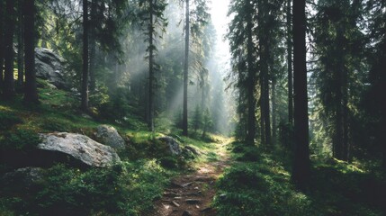 Obraz premium Shady forest path threading uphill between lush green moss covered rocks and towering trees, sunlight catching mist