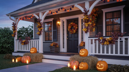 Front door decorated for Halloween with pumpkins wreath festive entrance