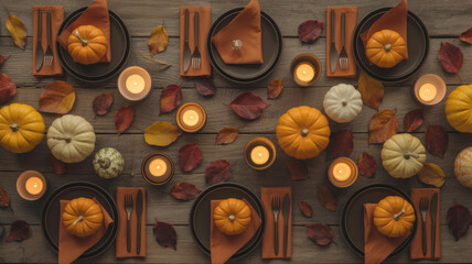 Halloween table setting with pumpkins candles autumn festive decoration